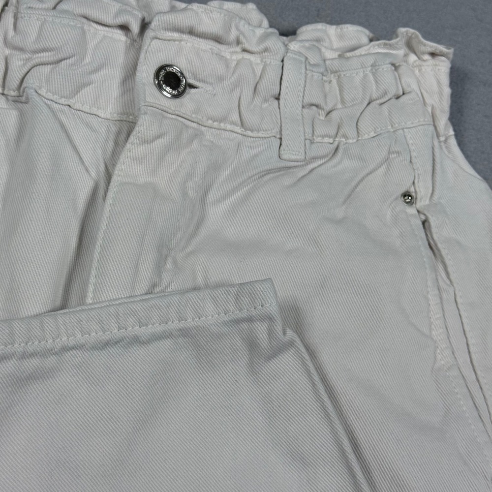 Zara Womens High Waisted Paperbag Denim Pants Cream Off White Tapered Leg Size 2